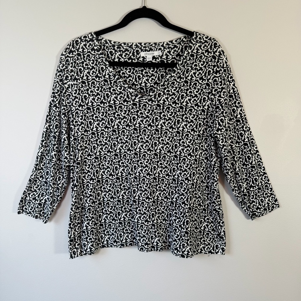 Chico's‎ Pima Cotton Scroll Print Top Black White Blouse 3/4 Sleeve Size 2 Large